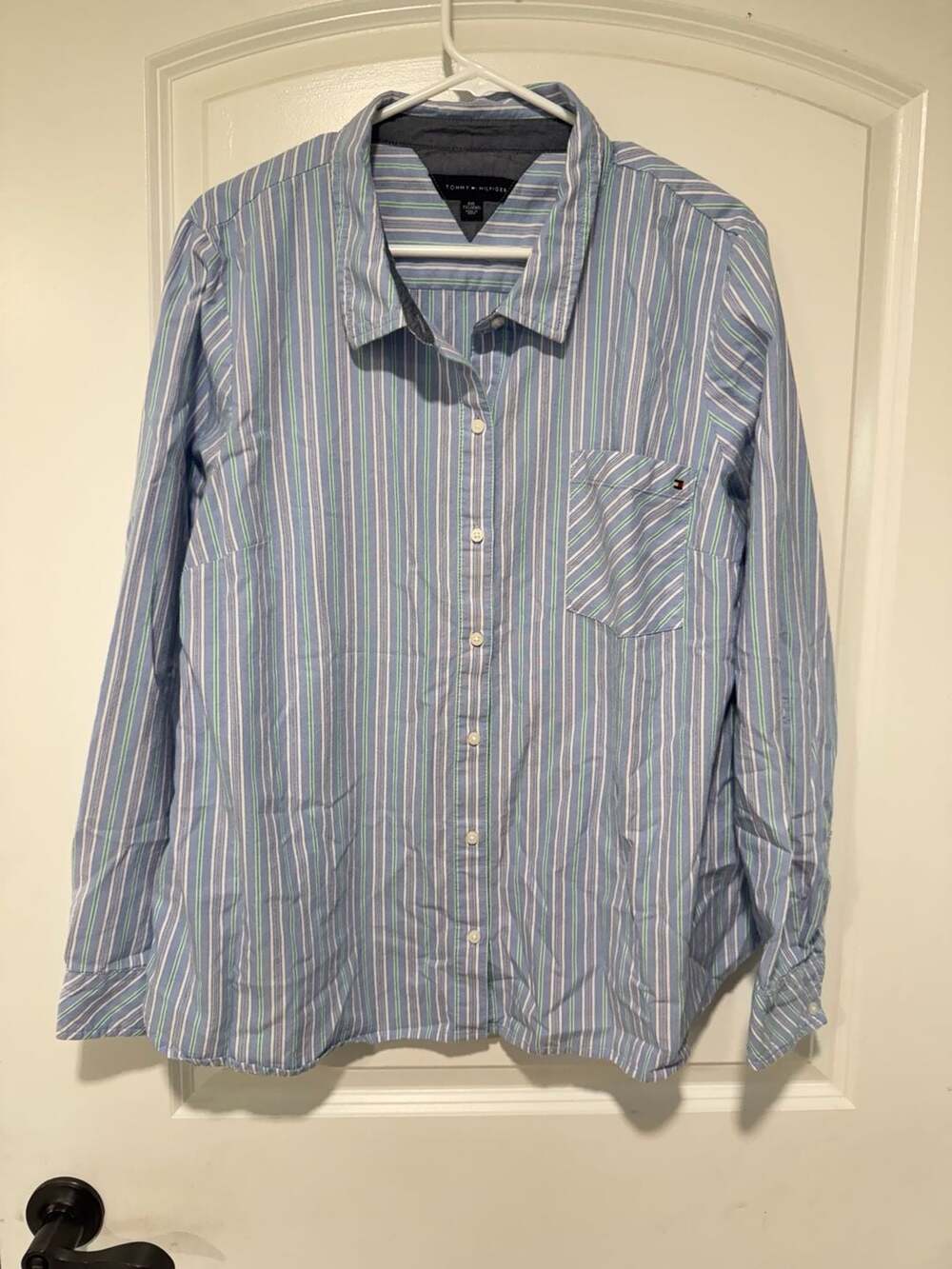 Preppy Coastal Striped Button Down Oxford Shirt Blue Green White XXL